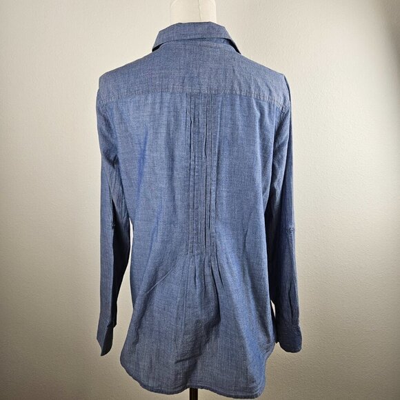 Chico's Womens Blue Roll Tab Sleeve Collared Button Up Pleated Shirt-No Tags - Picture 3 of 16